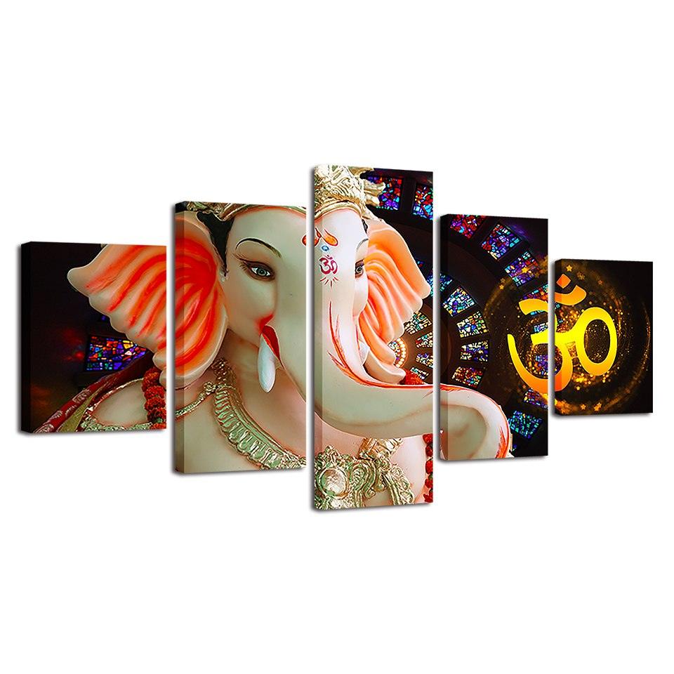 Lord Ganesha Water Proof 5 Piece HD Multi Panel Canvas Wall Art Frame - Original Frame