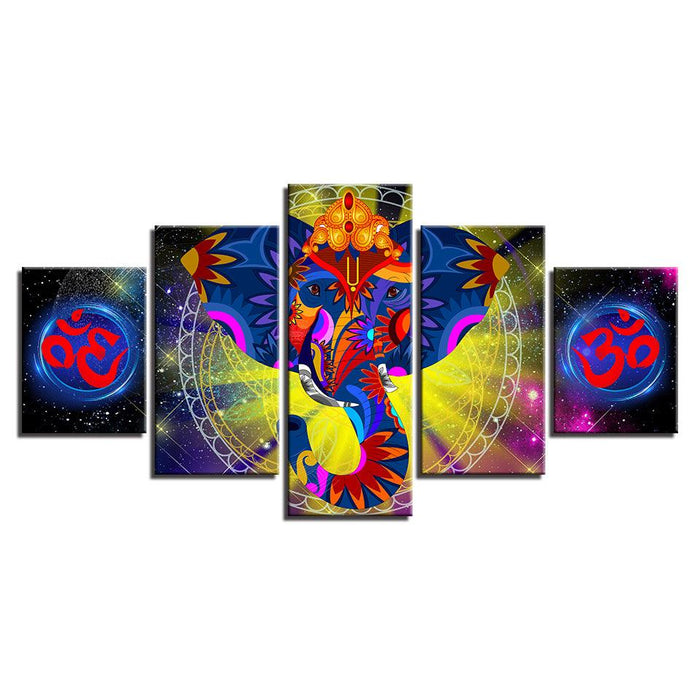 India Elephant Ganesha 5 Piece HD Multi Panel Canvas Wall Art Frame - Original Frame