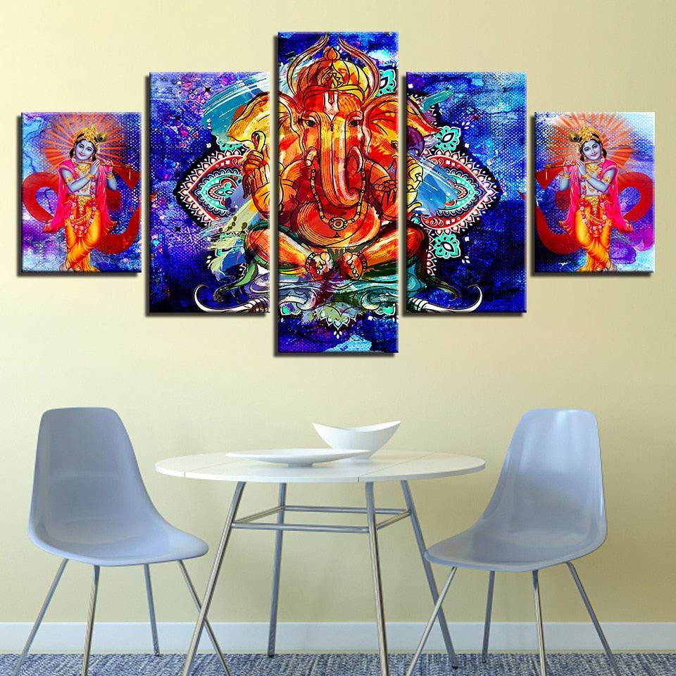 Classical Lord Ganesha And Krishna 5 Piece HD Multi Panel Canvas Wall Art Frame - Original Frame