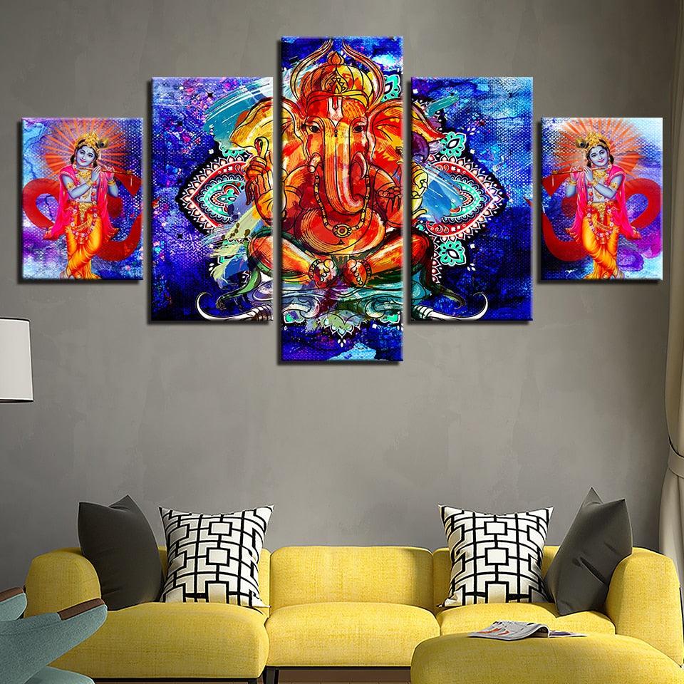 Classical Lord Ganesha And Krishna 5 Piece HD Multi Panel Canvas Wall Art Frame - Original Frame