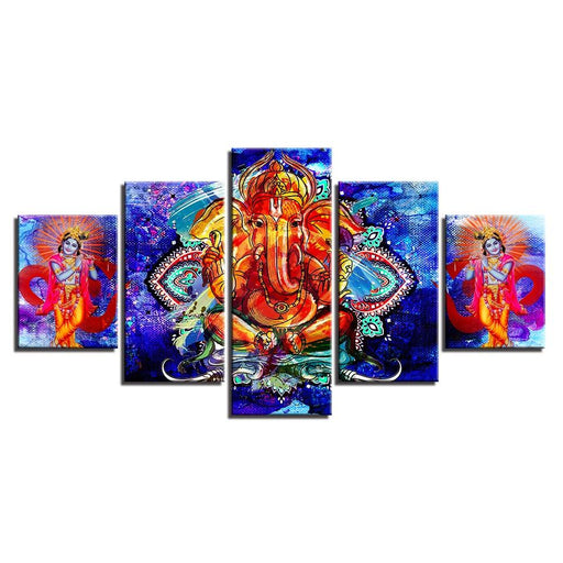 Classical Lord Ganesha And Krishna 5 Piece HD Multi Panel Canvas Wall Art Frame - Original Frame