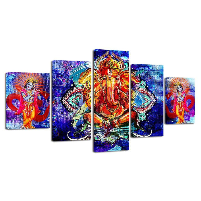 Lord Ganesha And Krishna 5 Piece HD Multi Panel Canvas Wall Art Frame
