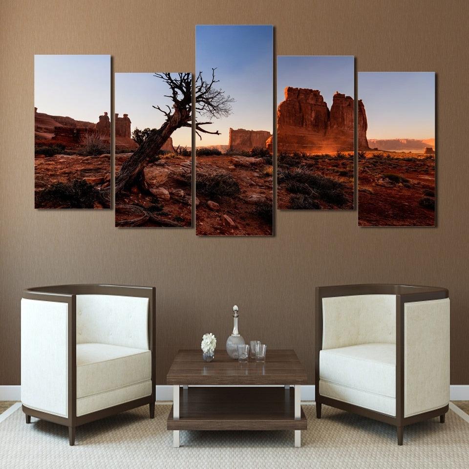 Tree Desert Scenery 5 Piece HD Multi Panel Canvas Wall Art Frame - Original Frame