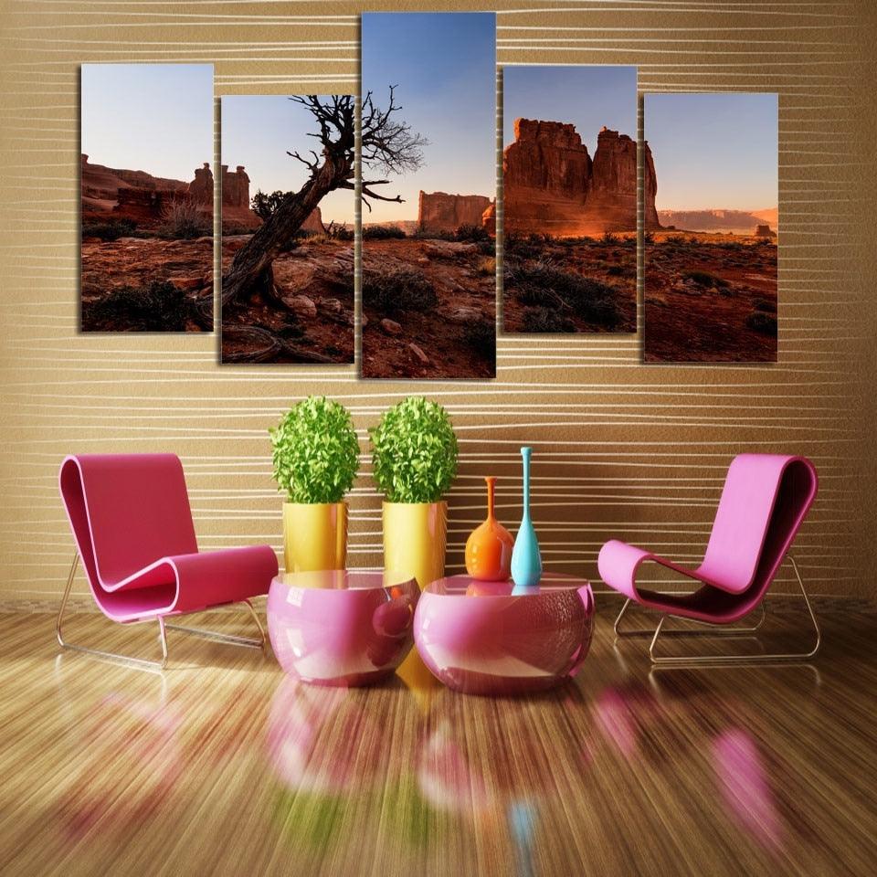 Tree Desert Scenery 5 Piece HD Multi Panel Canvas Wall Art Frame - Original Frame