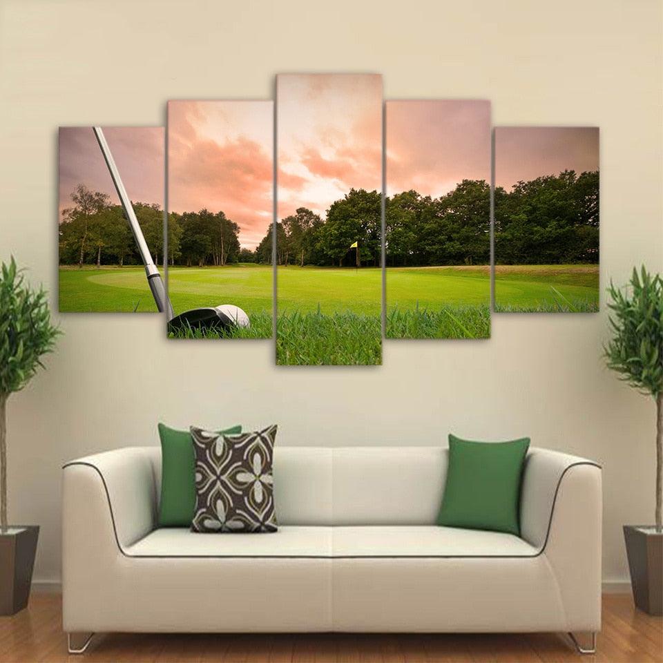 Playing Golf In Sunset 5 Piece HD Multi Panel Canvas Wall Art - Original Frame