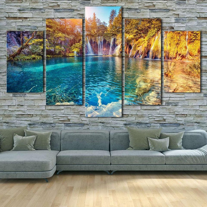 Waterfalls And Green Hills 5 Piece HD Multi Panel Canvas Wall Art Frame