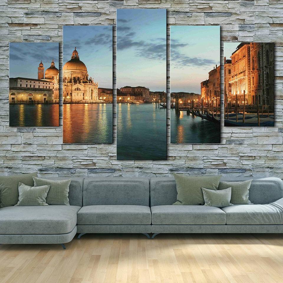 Buildings And Ship River Scenery 5 Piece HD Multi Panel Canvas Wall Art Frame - Original Frame