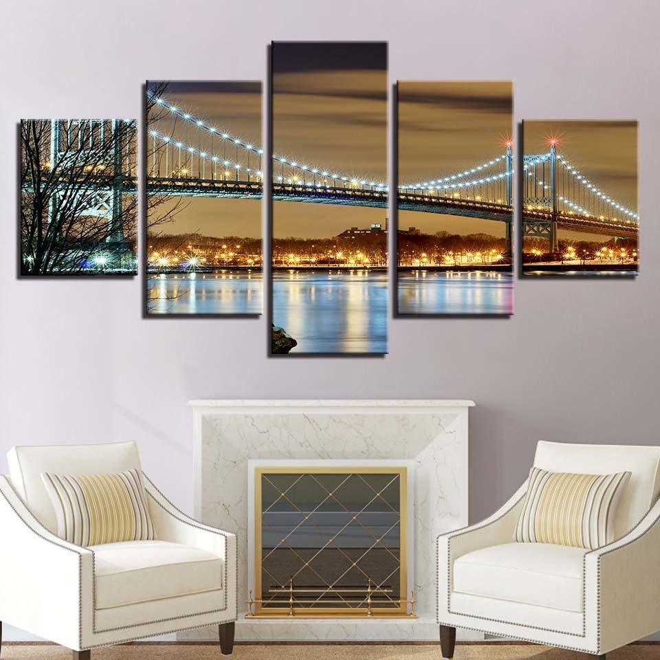 Bridge at Night 5 Piece HD Multi Panel Canvas Wall Art Frame - Original Frame