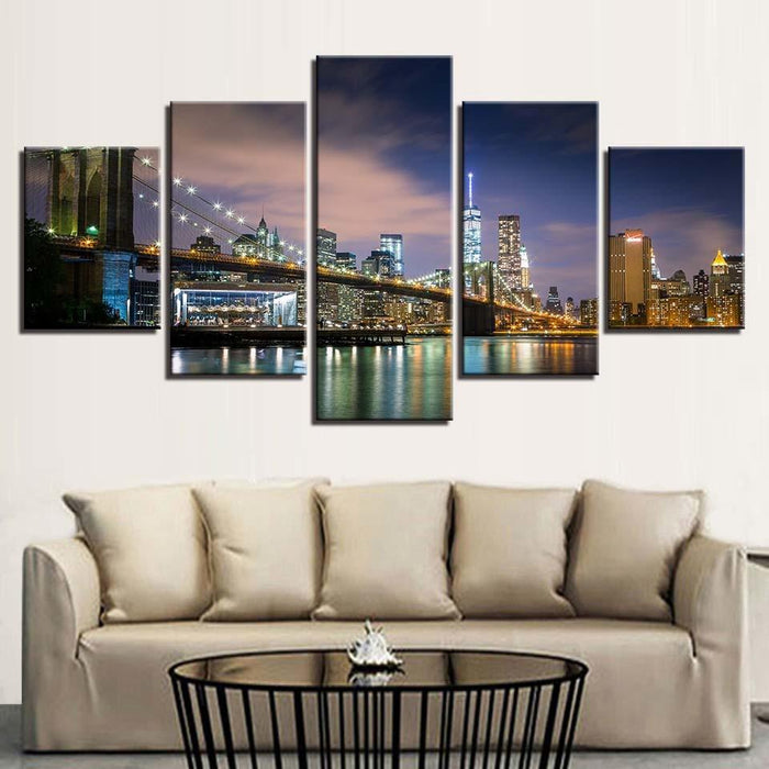 Scenic City Nightview 5 Piece HD Multi Panel Canvas Wall Art Frame - Original Frame