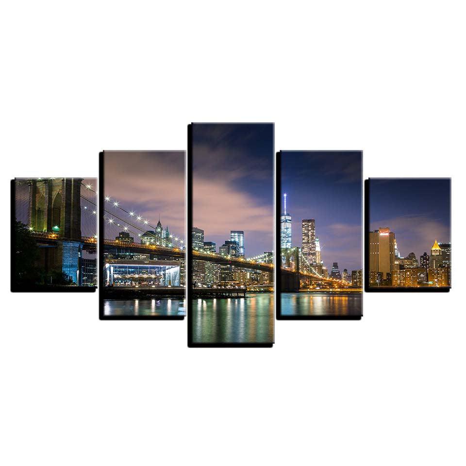 Scenic City Nightview 5 Piece HD Multi Panel Canvas Wall Art Frame - Original Frame
