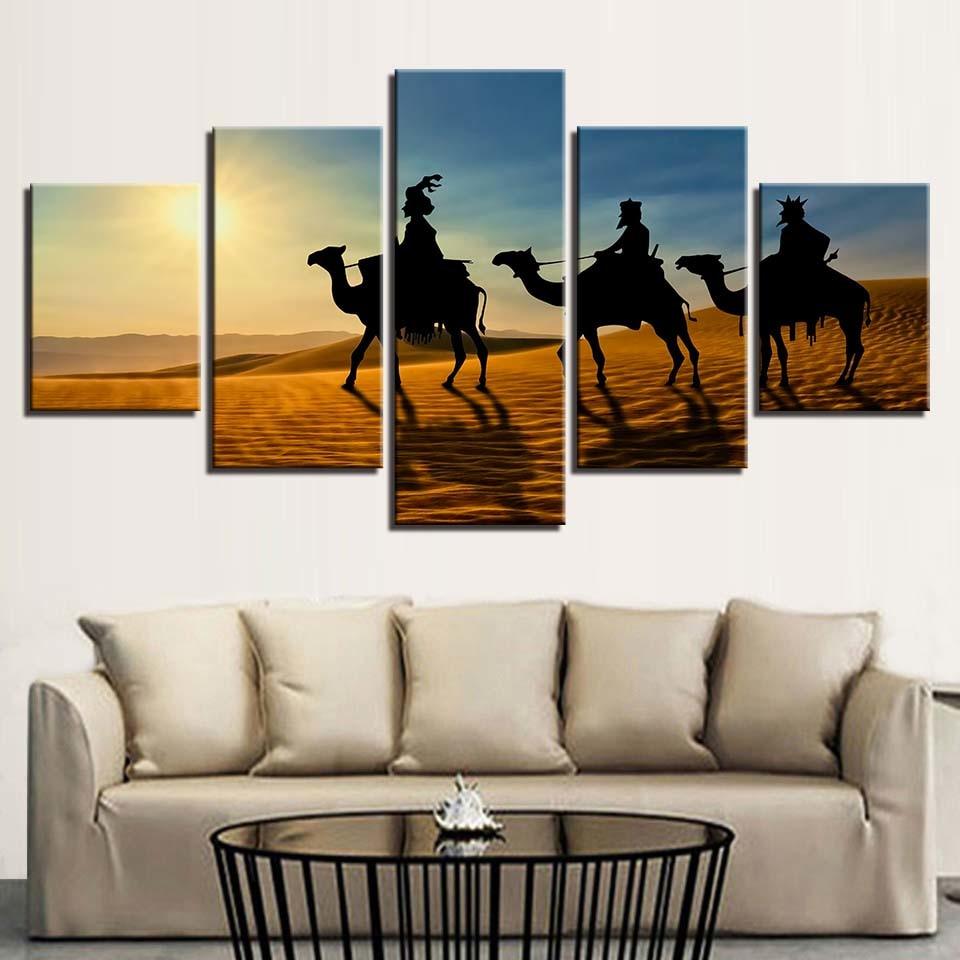 Camel Sunshine Desert 5 Piece HD Multi Panel Canvas Wall Art Frame - Original Frame