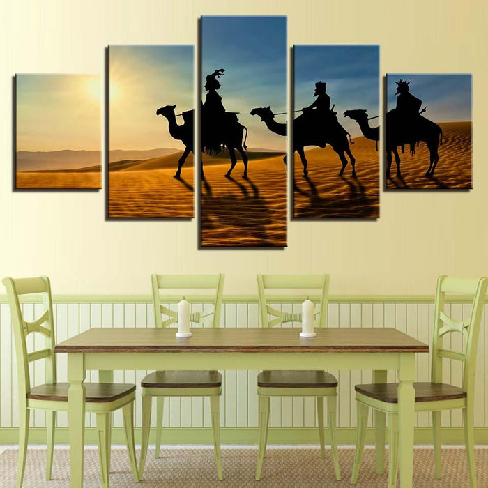 Camel Sunshine Desert 5 Piece HD Multi Panel Canvas Wall Art Frame - Original Frame