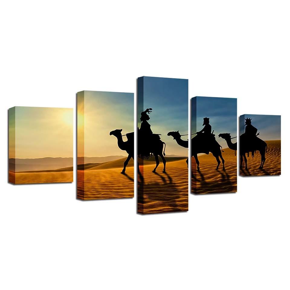 Camel Sunshine Desert 5 Piece HD Multi Panel Canvas Wall Art Frame - Original Frame