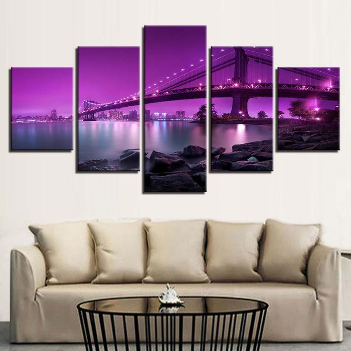 Bridge Night Scene 5 Piece HD Multi Panel Canvas Wall Art Frame - Original Frame