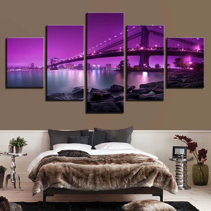 Bridge Night Scene 5 Piece HD Multi Panel Canvas Wall Art Frame - Original Frame