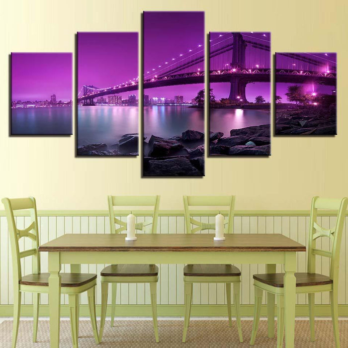 Bridge Night Scene 5 Piece HD Multi Panel Canvas Wall Art Frame - Original Frame