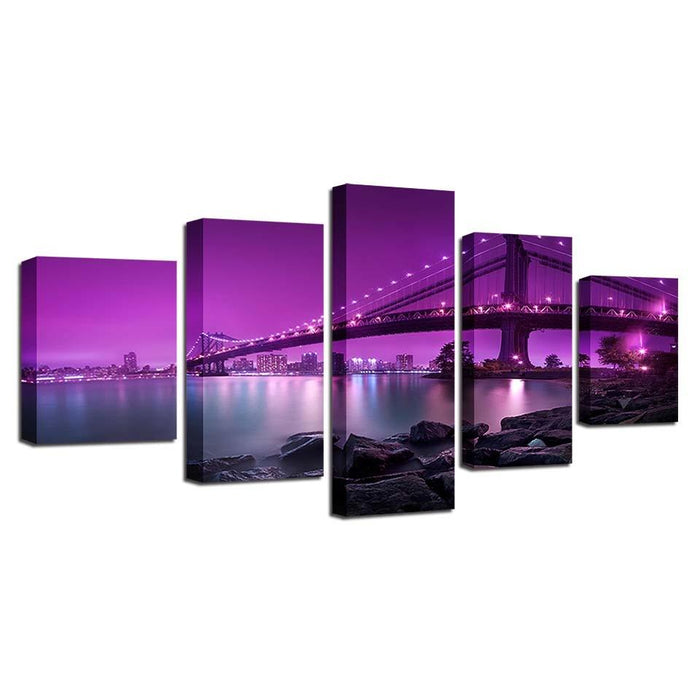 Bridge Night Scene 5 Piece HD Multi Panel Canvas Wall Art Frame - Original Frame