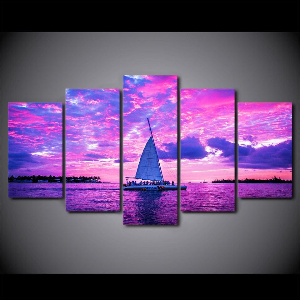 Boat On Pink Ocean 5 Piece HD Multi Panel Canvas Wall Art Frame - Original Frame