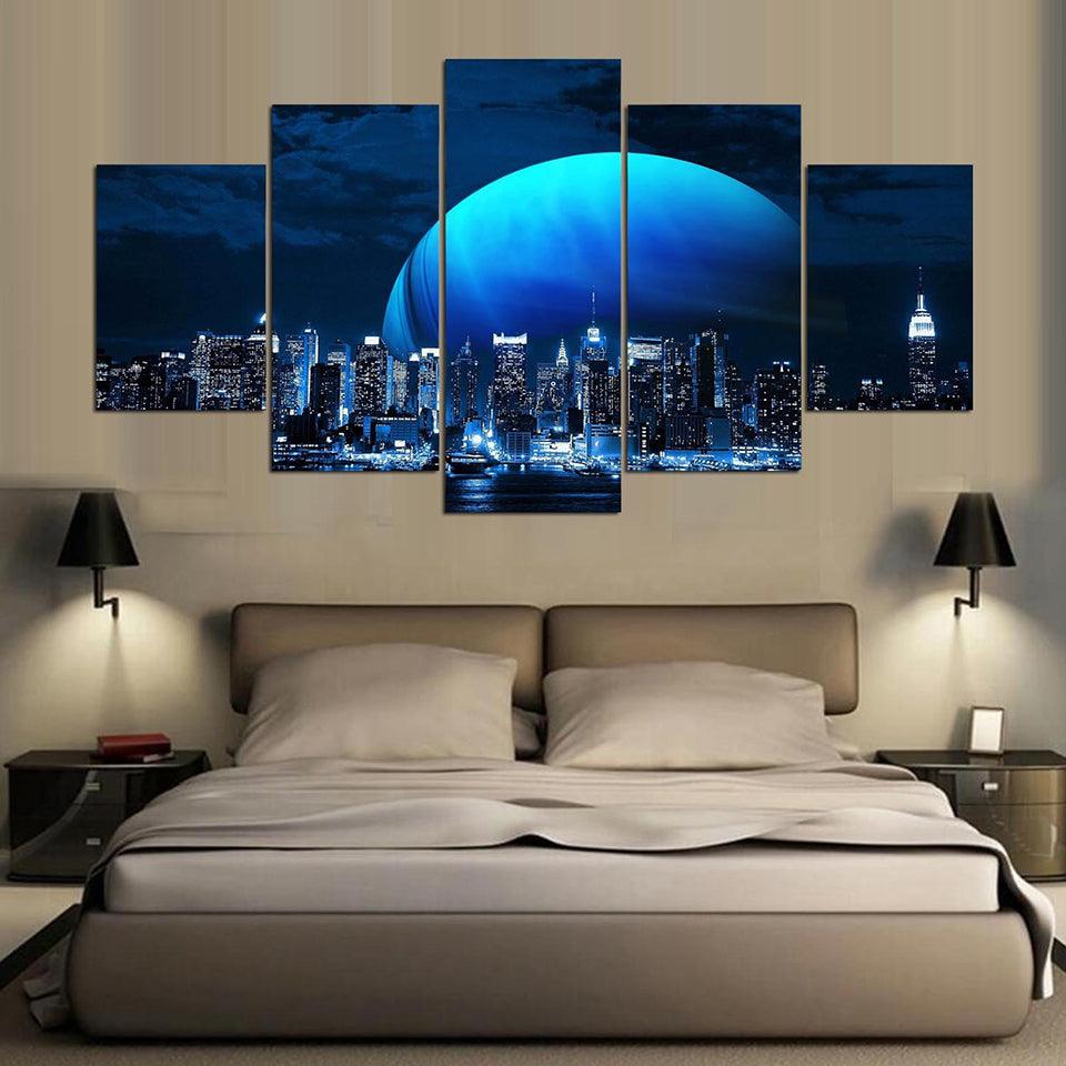Moon And Skyline 5 Piece HD Multi Panel Canvas Wall Art Frame - Original Frame