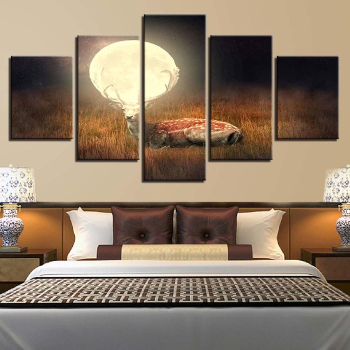 Deer Under Full Moon 5 Piece HD Multi Panel Canvas Wall Art Frame - Original Frame