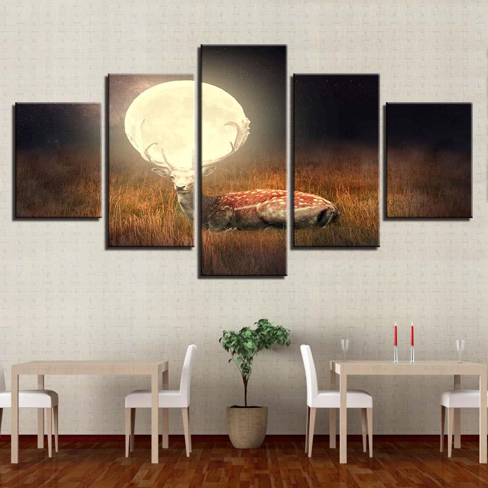 Deer Under Full Moon 5 Piece HD Multi Panel Canvas Wall Art Frame - Original Frame