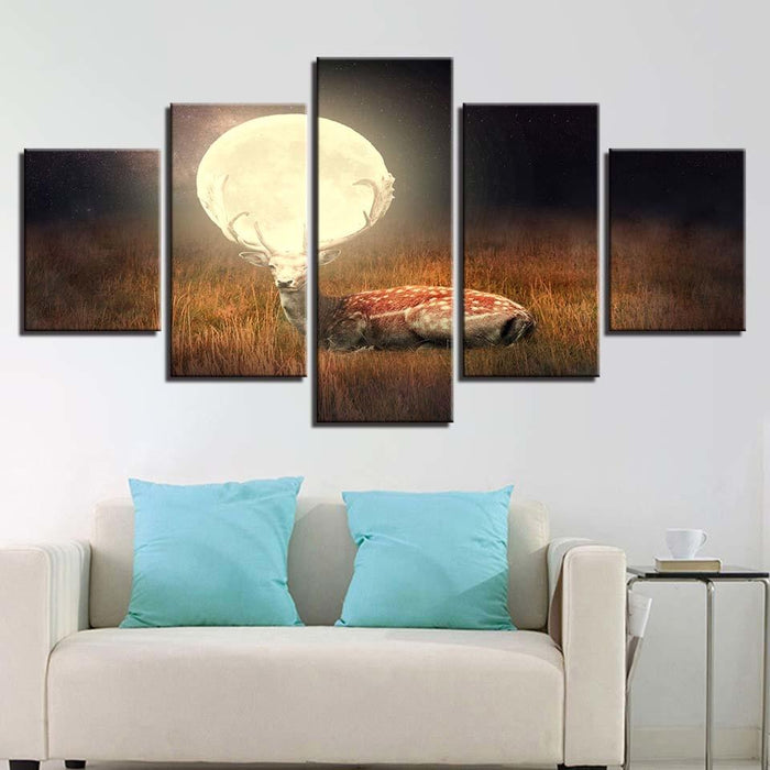 Deer Under Full Moon 5 Piece HD Multi Panel Canvas Wall Art Frame - Original Frame