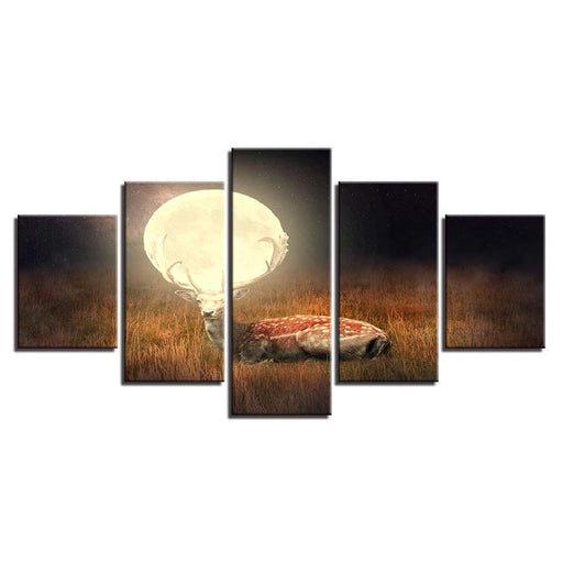 Deer Under Full Moon 5 Piece HD Multi Panel Canvas Wall Art Frame - Original Frame