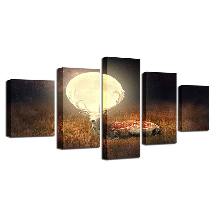 Deer Under Full Moon 5 Piece HD Multi Panel Canvas Wall Art Frame - Original Frame