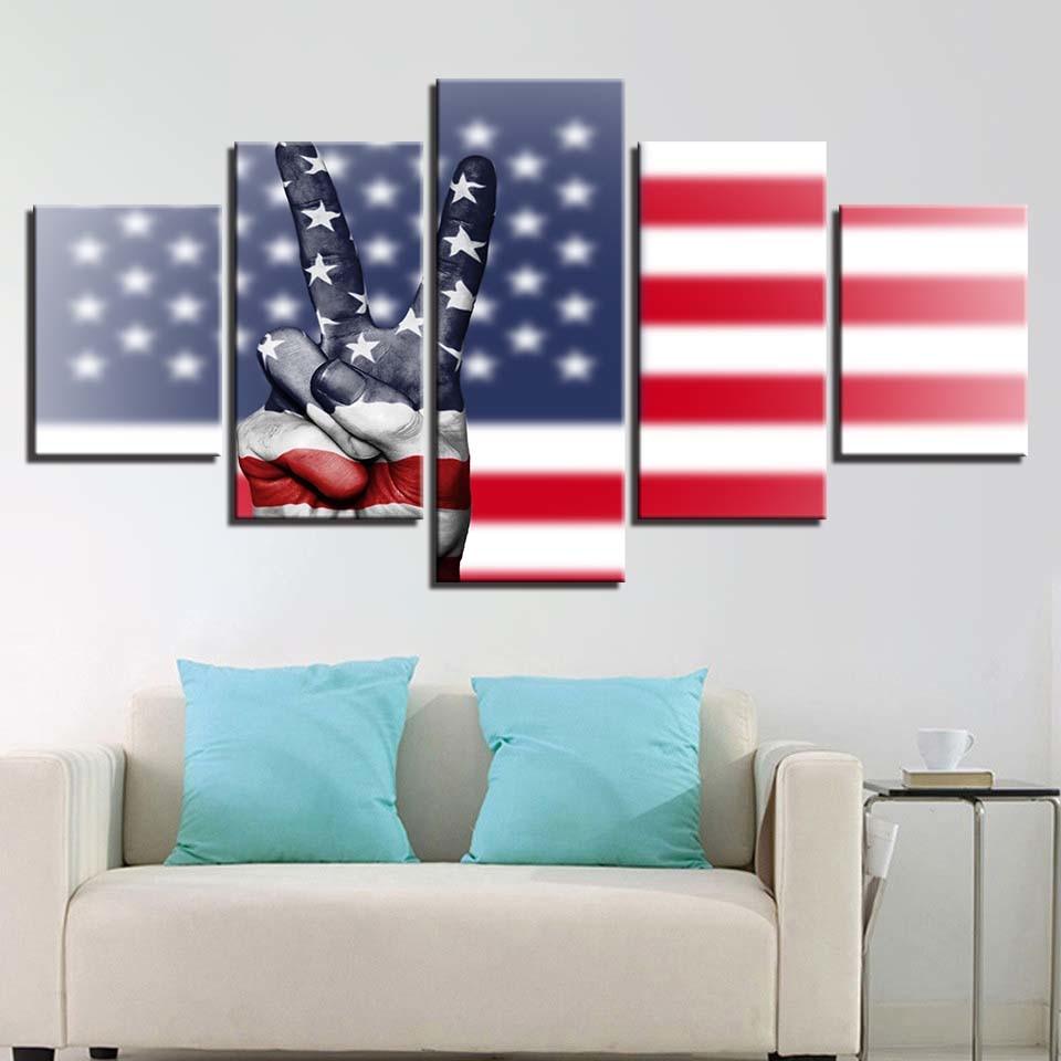 American Flag And Victory Hand Gesture 5 Piece HD Multi Panel Canvas Wall Art Frame - Original Frame