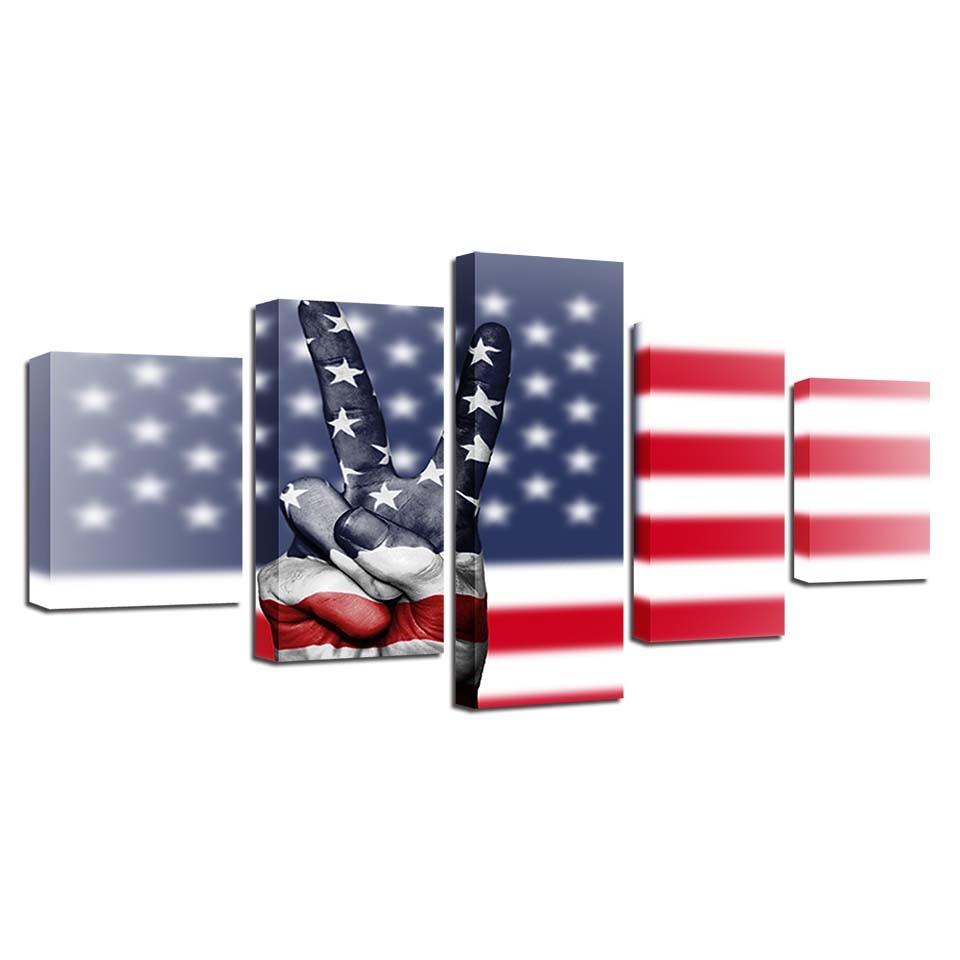 American Flag And Victory Hand Gesture 5 Piece HD Multi Panel Canvas Wall Art Frame - Original Frame
