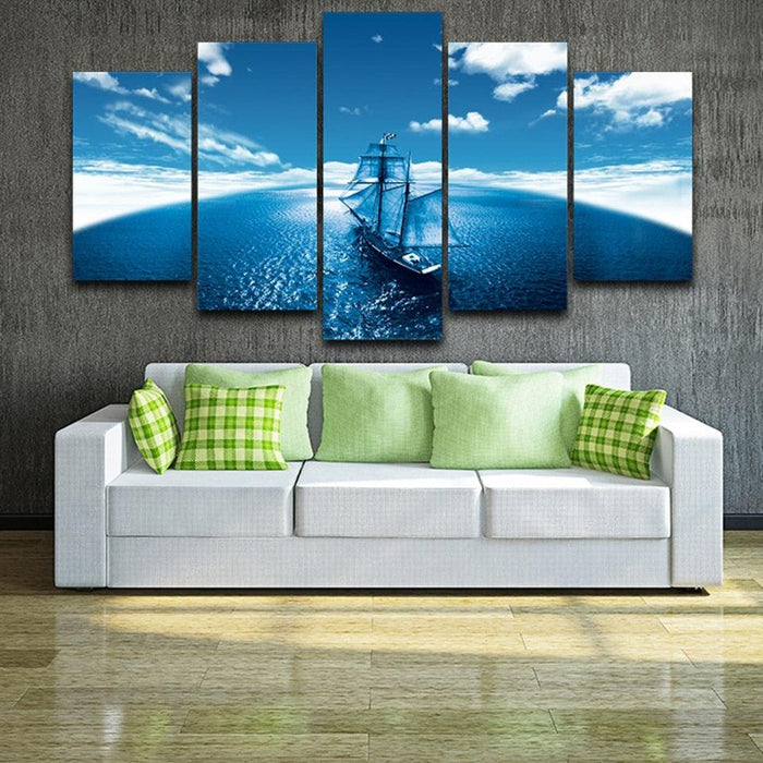 Sailboat Blue Seascape Abstract 5 Piece HD Multi Panel Canvas Wall Art Frame - Original Frame