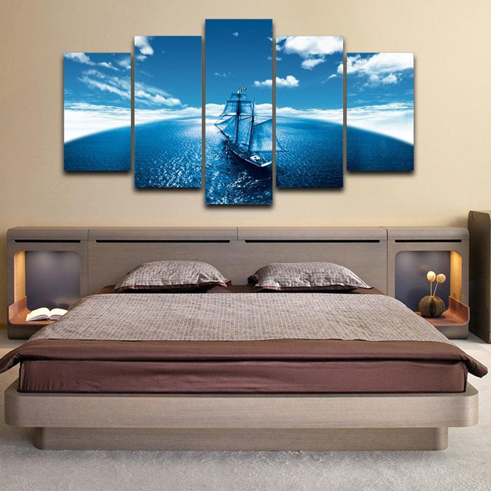 Sailboat Blue Seascape Abstract 5 Piece HD Multi Panel Canvas Wall Art Frame - Original Frame