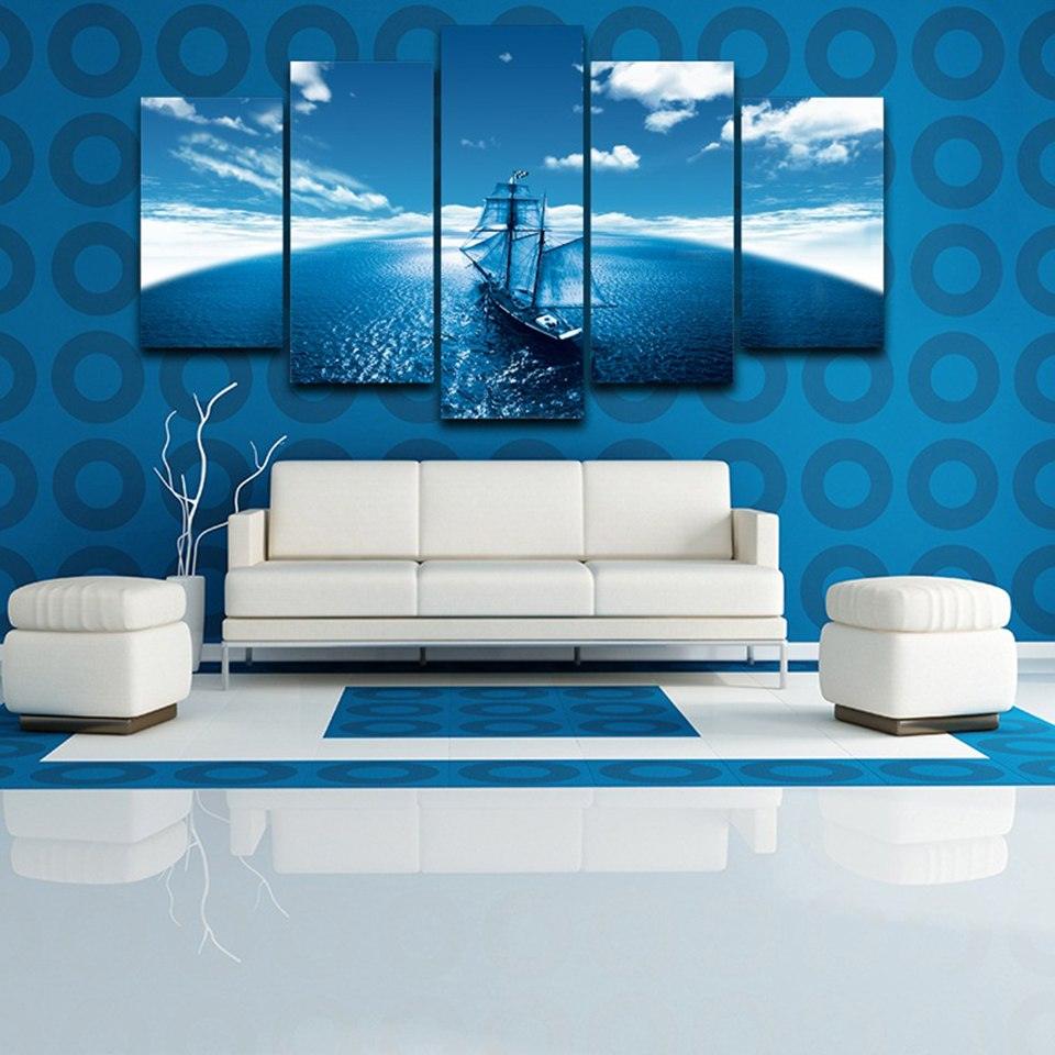 Sailboat Blue Seascape Abstract 5 Piece HD Multi Panel Canvas Wall Art Frame - Original Frame