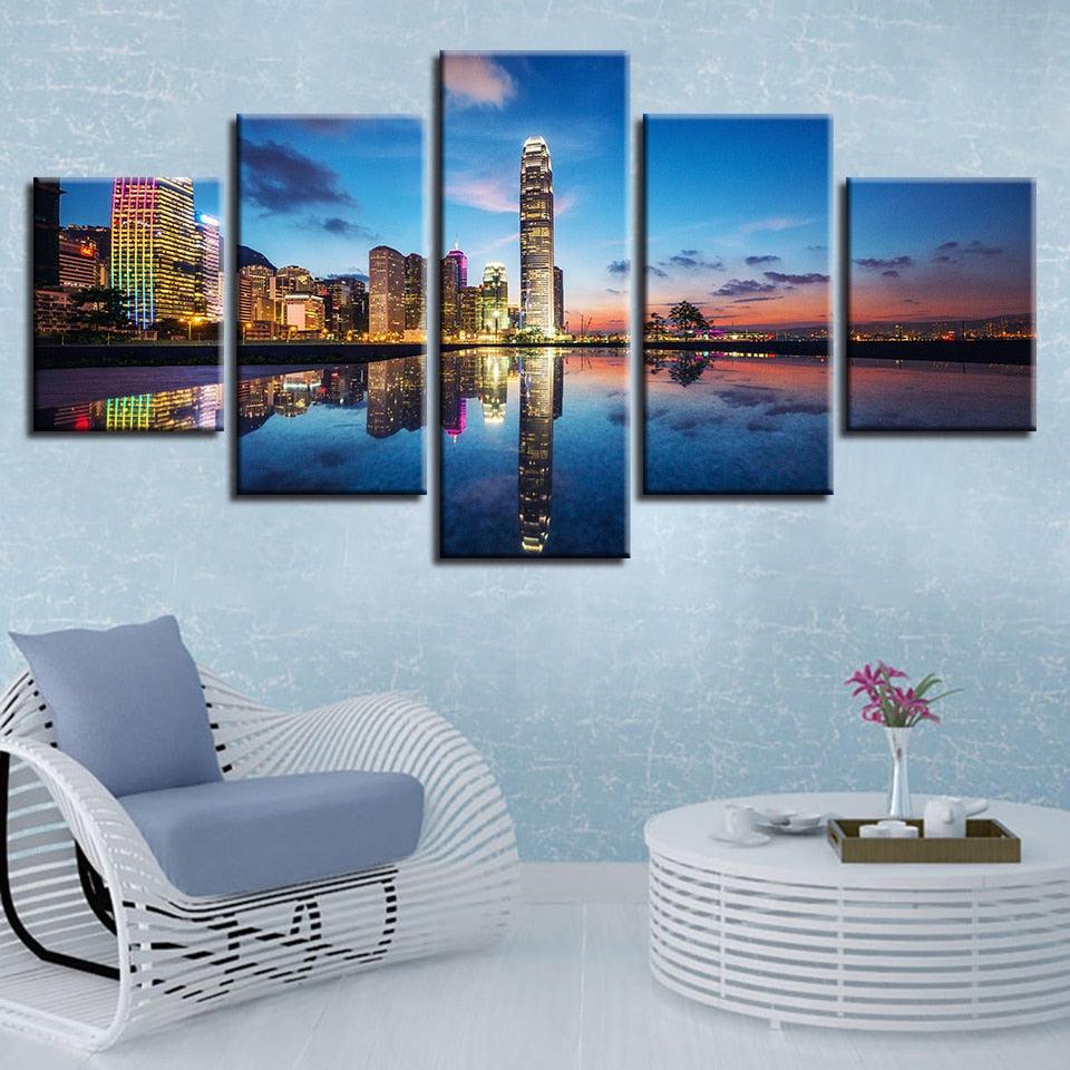 City Lights Reflection 5 Piece HD Multi Panel Canvas Wall Art Frame - Original Frame