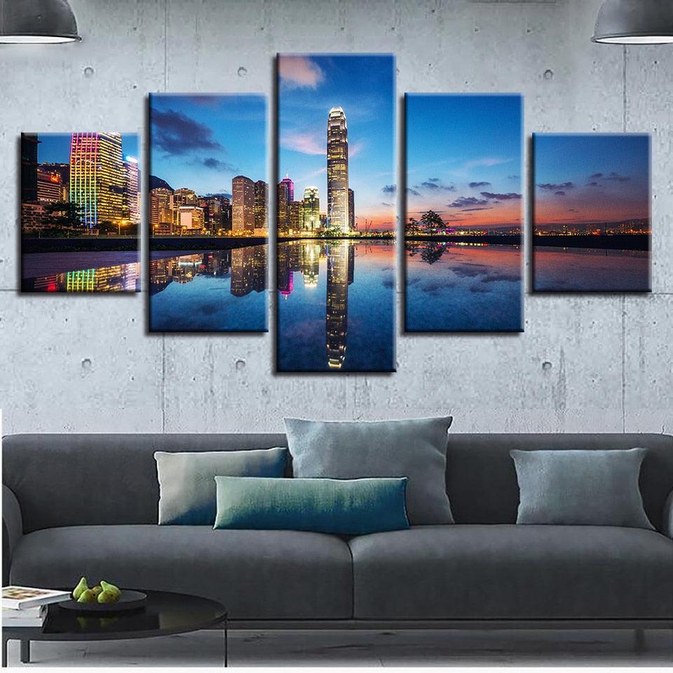 City Lights Reflection 5 Piece HD Multi Panel Canvas Wall Art Frame - Original Frame