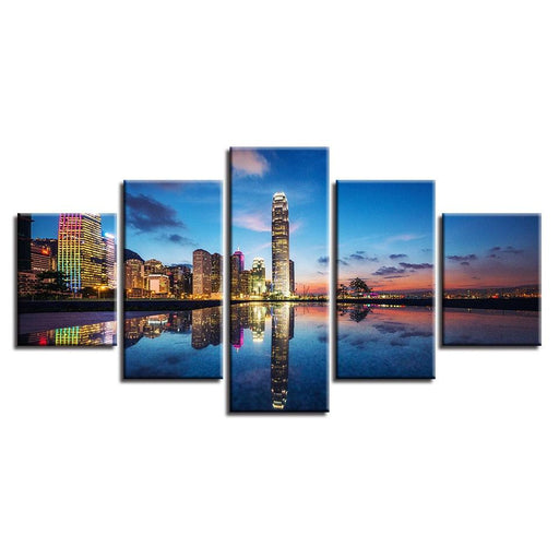 City Lights Reflection 5 Piece HD Multi Panel Canvas Wall Art Frame - Original Frame