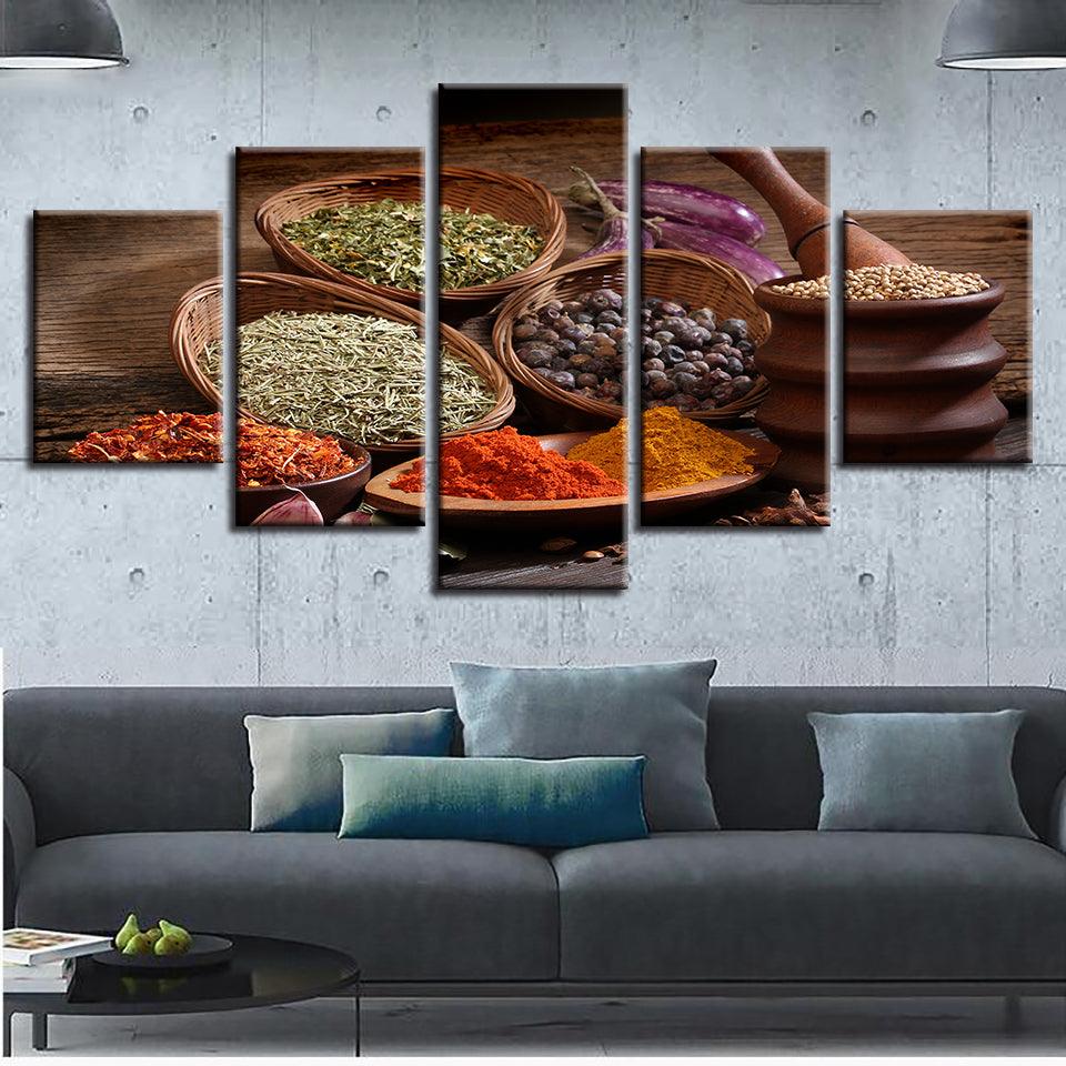 Grains Spices Seasoning 5 Piece HD Multi Panel Canvas Wall Art Frame - Original Frame
