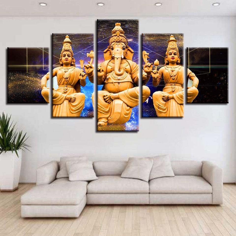Combined Lord Ganesha 5 Piece HD Multi Panel Canvas Wall Art Frame - Original Frame
