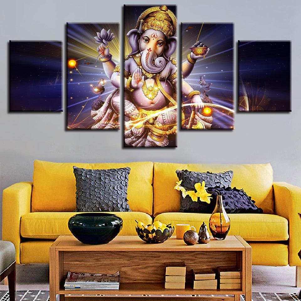 Lord Ganesha 5 Piece HD Classical Multi Panel Canvas Wall Art Frame - Original Frame