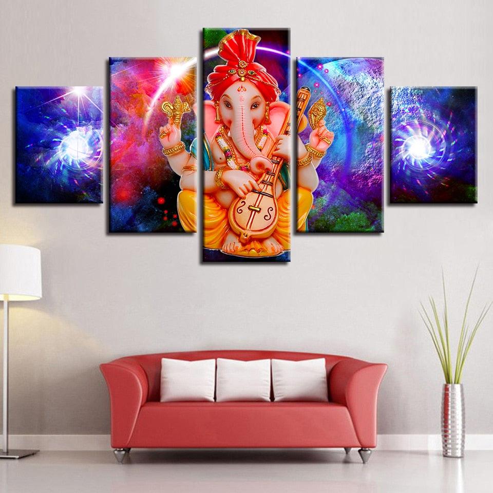 Lord Ganesha 5 Piece HD Multi Panel Classical Canvas Artwork Frame - Original Frame