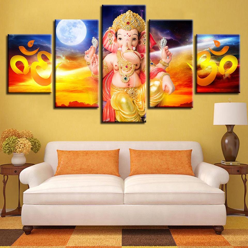 Lord Ganesha Classical 5 Piece HD Multi Panel Canvas Wall Art Frame - Original Frame