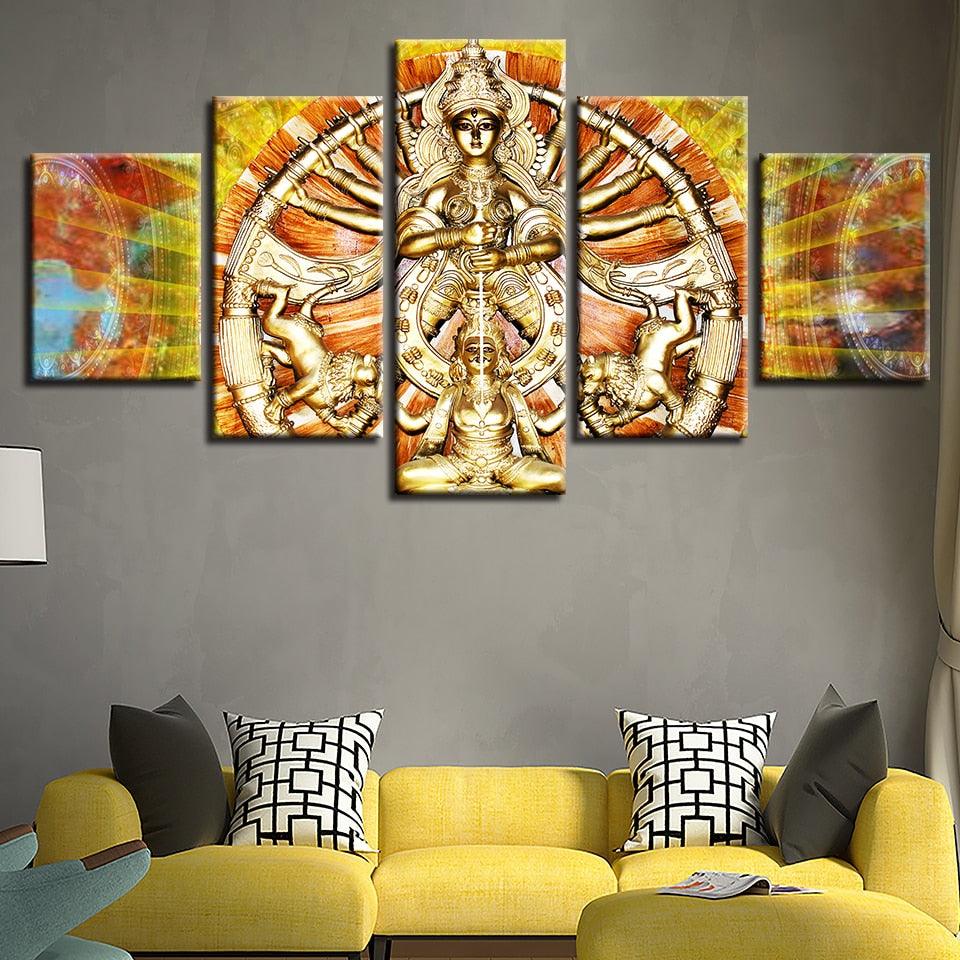 Hindu Goddess Durga 5 Piece HD Multi Panel Canvas Wall Art Frame - Original Frame
