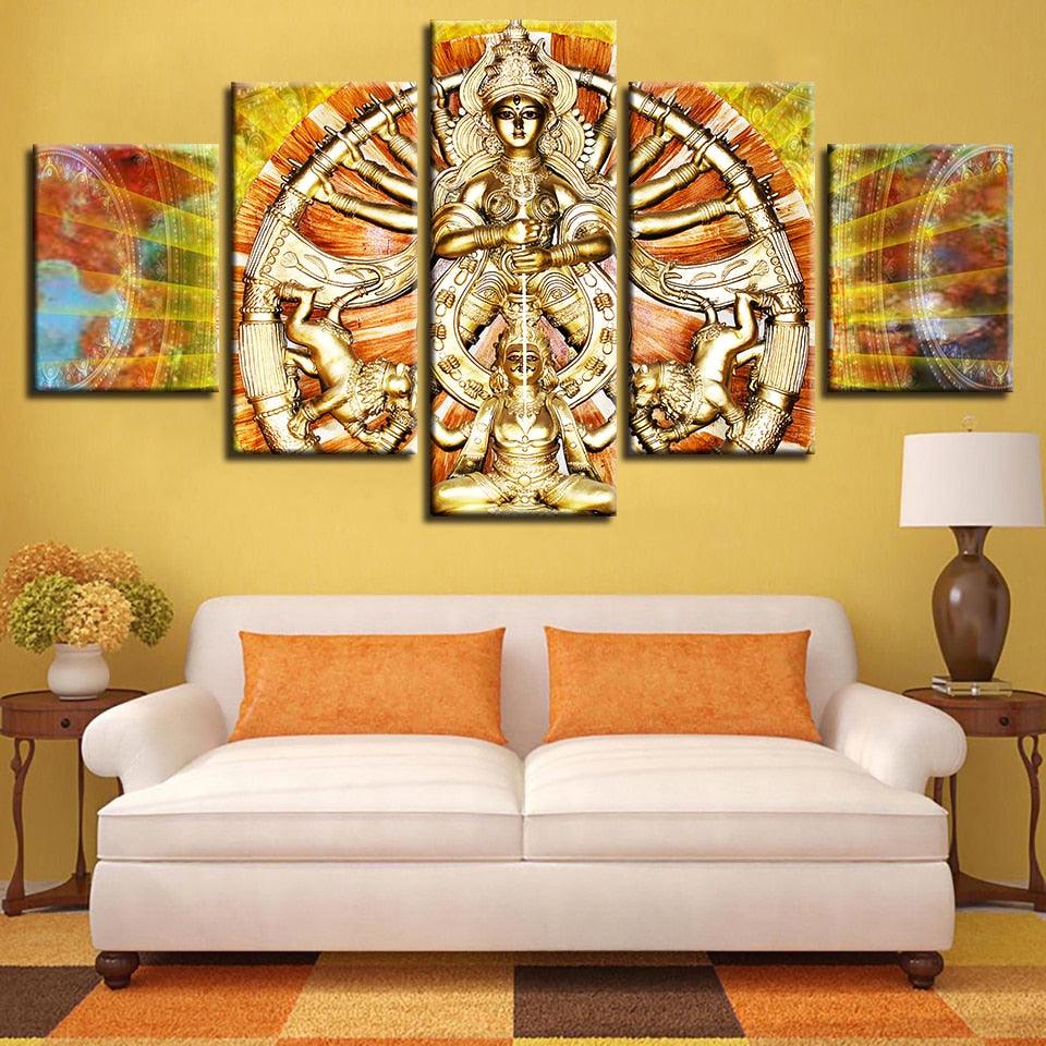 Hindu Goddess Durga 5 Piece HD Multi Panel Canvas Wall Art Frame - Original Frame