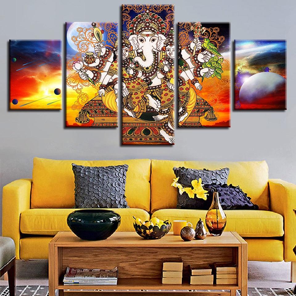 Hindu Lord Ganesha 5 Piece HD Multi Panel Canvas Wall Art Frame - Original Frame