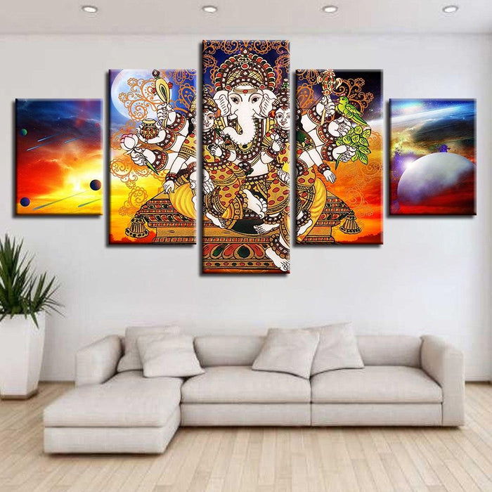 Hindu Lord Ganesha 5 Piece HD Multi Panel Canvas Wall Art Frame - Original Frame