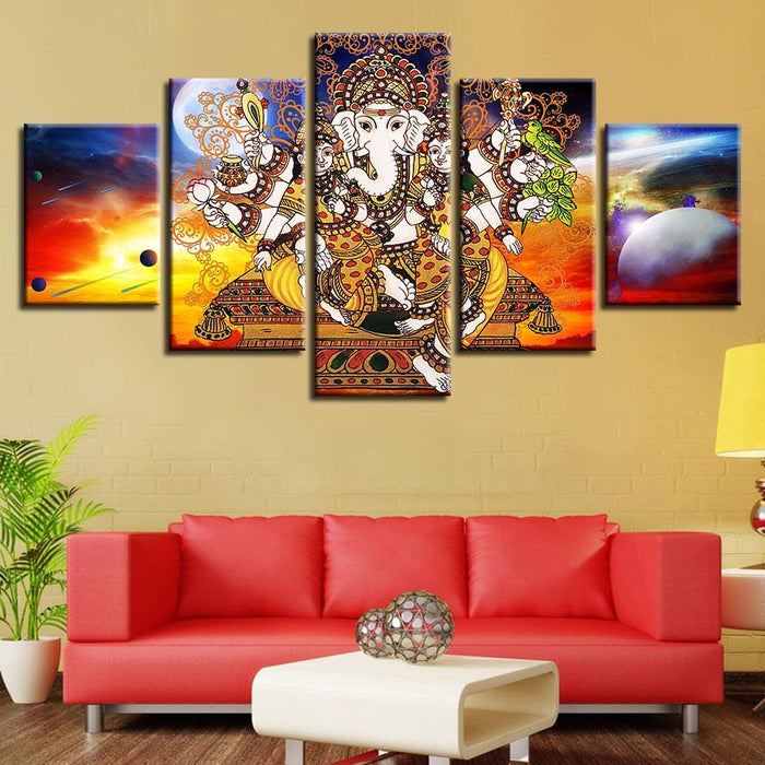 Hindu Lord Ganesha 5 Piece HD Multi Panel Canvas Wall Art Frame - Original Frame