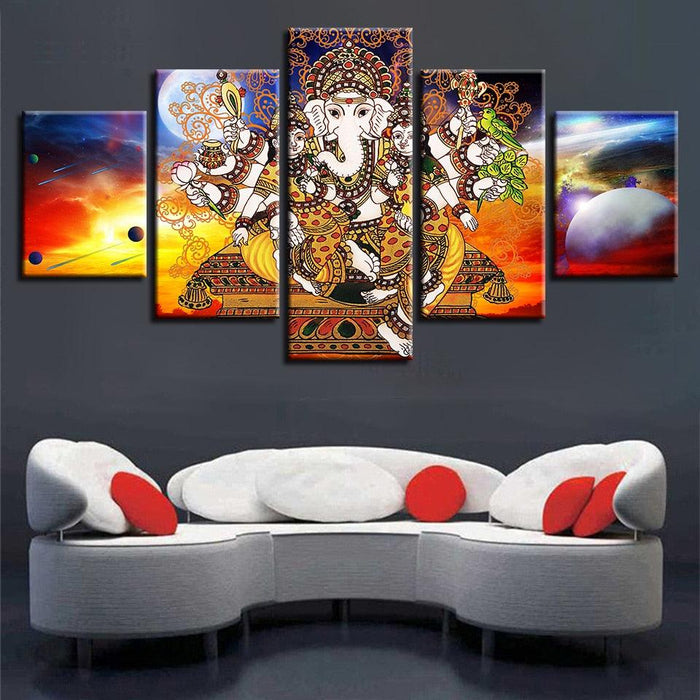 Hindu Lord Ganesha 5 Piece HD Multi Panel Canvas Wall Art Frame - Original Frame