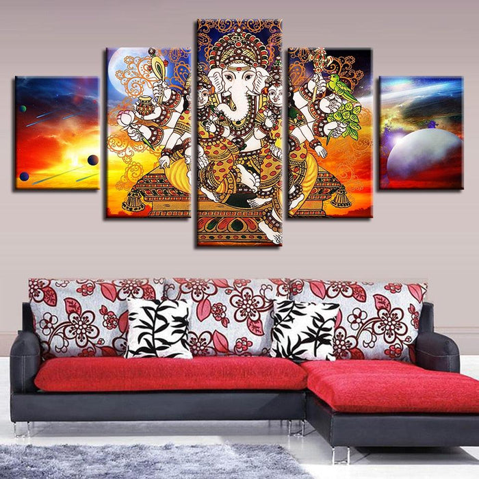 Hindu Lord Ganesha 5 Piece HD Multi Panel Canvas Wall Art Frame - Original Frame