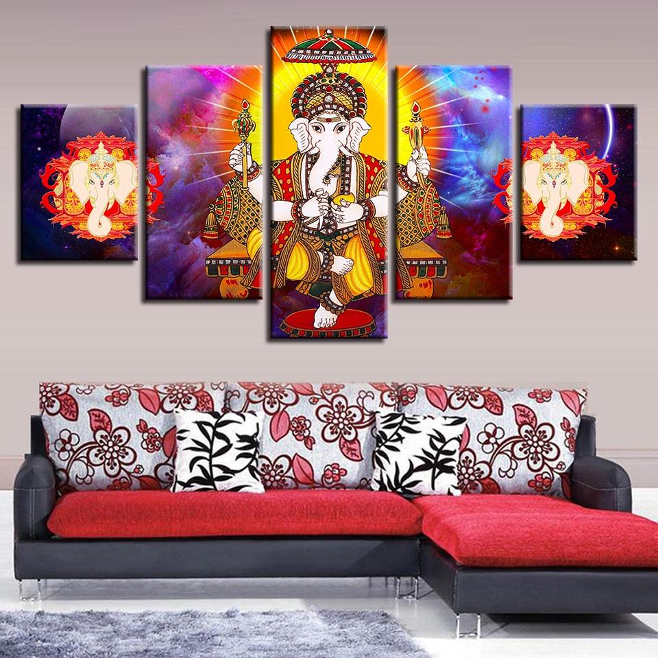 Lord Ganesha 5 Piece HD Multi Panel UV Canvas Wall Art Frame - Original Frame