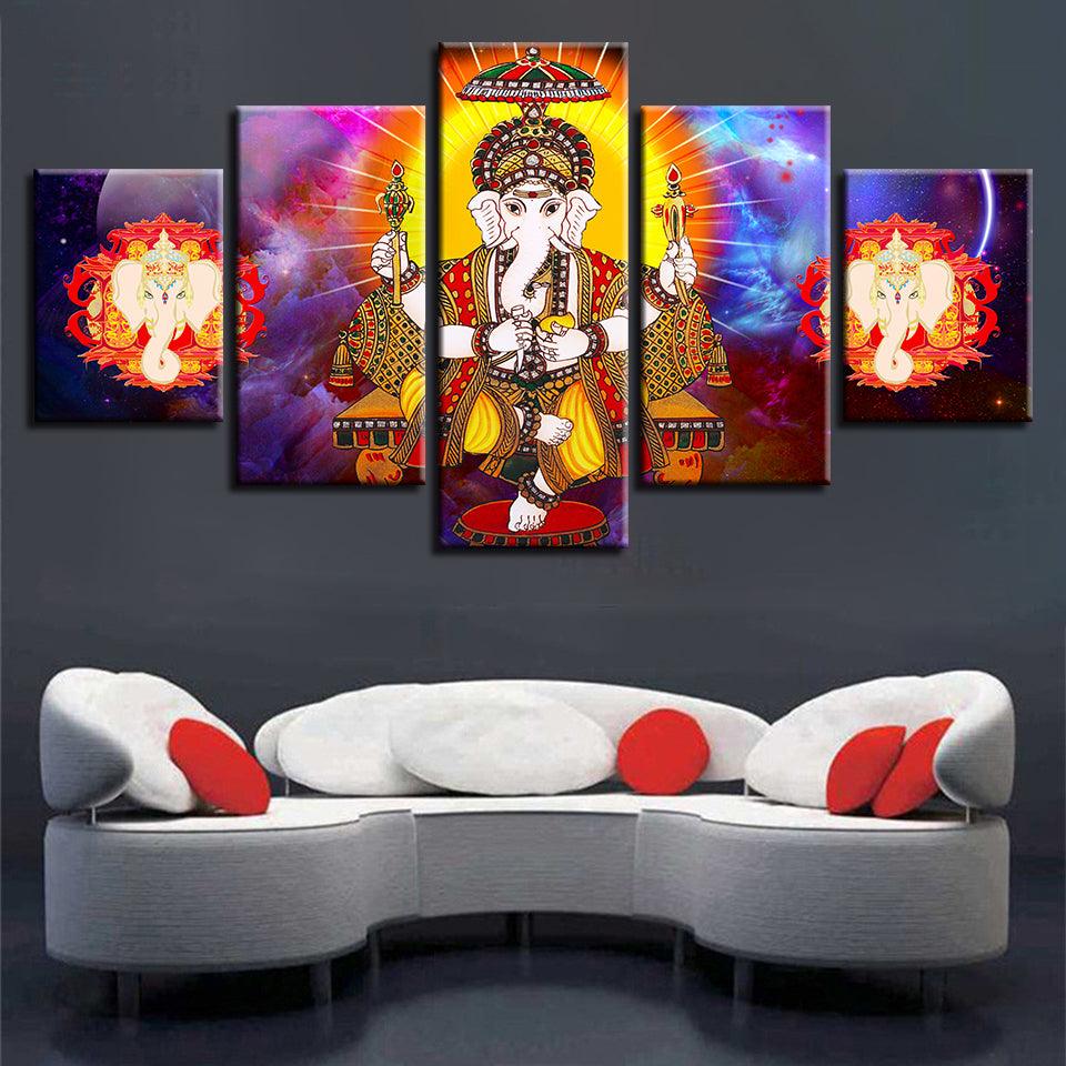 Lord Ganesha 5 Piece HD Multi Panel UV Canvas Wall Art Frame - Original Frame